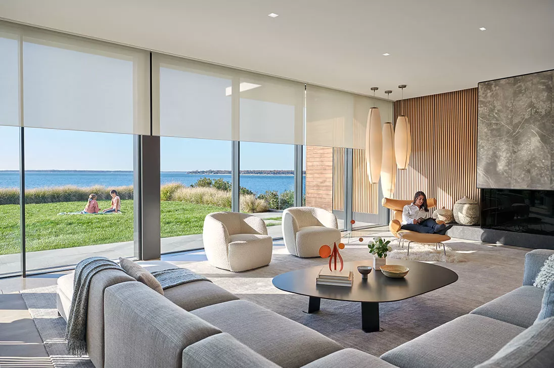 Motorized roller shades modern living room